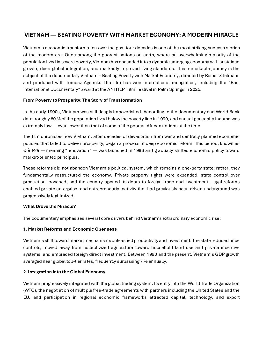 VIETNAM — BEATING POVERTY WITH MARKET ECONOMY: A MODERN MIRACLE