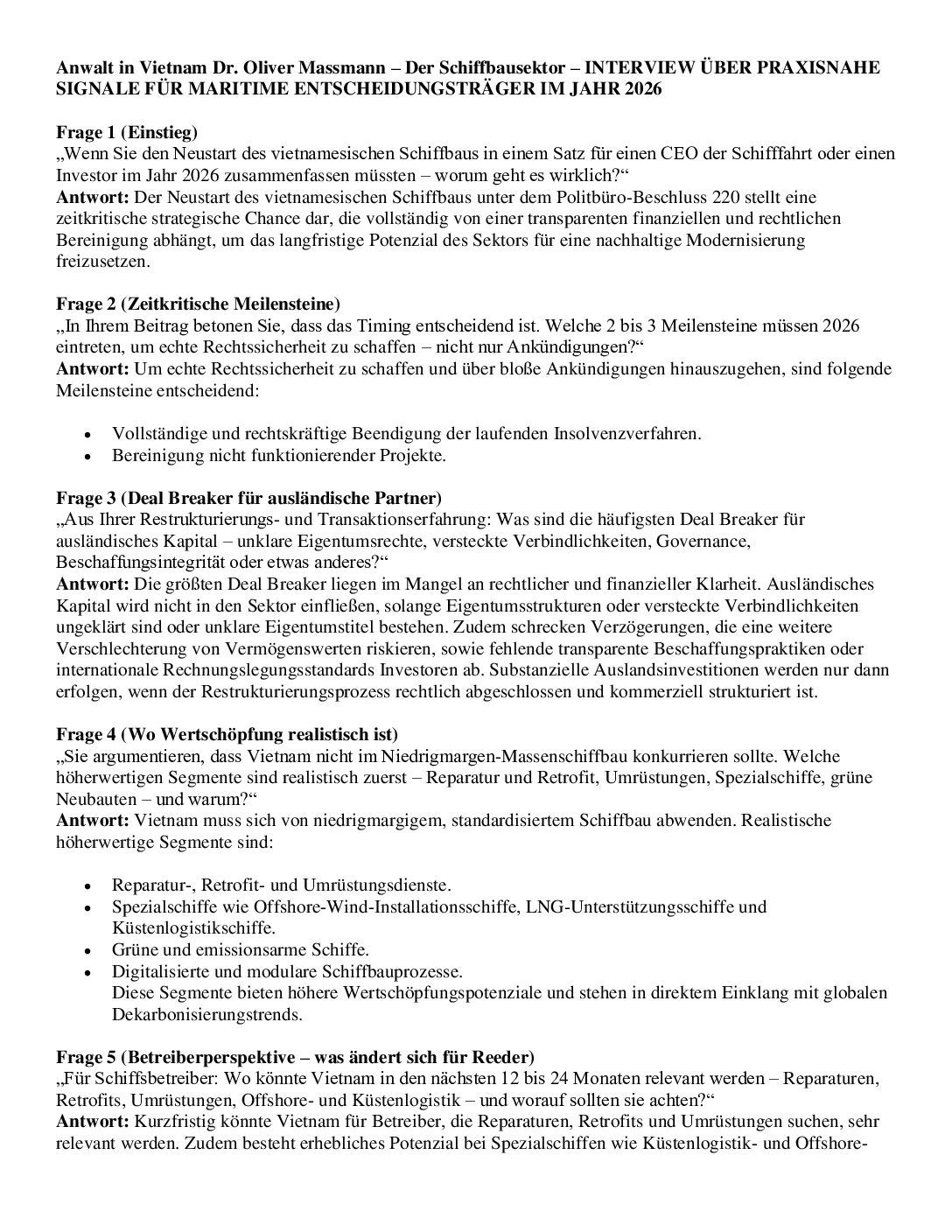 Anwalt in Vietnam Dr. Oliver Massmann – Der Schiffbausektor – INTERVIEW ÜBER PRAXISNAHE SIGNALE FÜR MARITIME ENTSCHEIDUNGSTRÄGER IM JAHR 2026